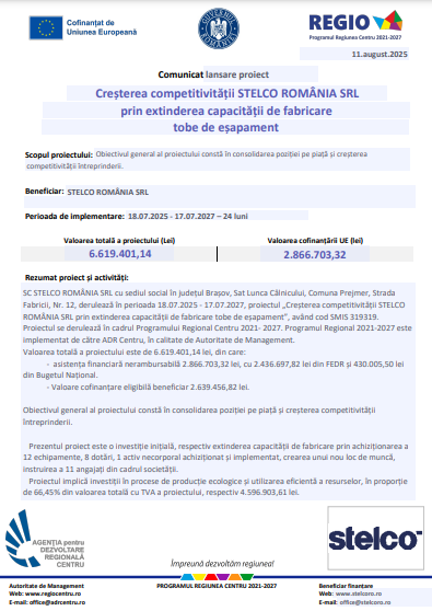 Comunicat lansare proiect: Creșterea competitivității STELCO ROMÂNIA SRL prin extinderea capacității de fabricare tobe de eșapament 11 | MyTex.ro