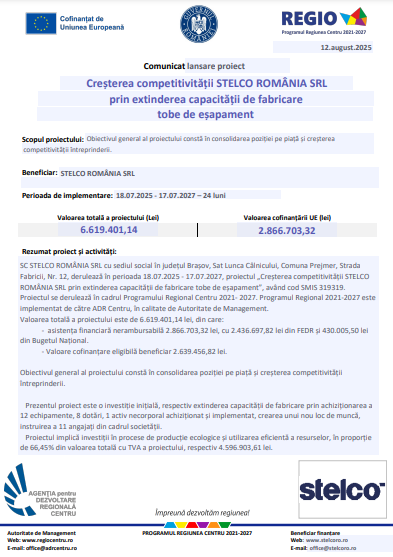 Comunicat lansare proiect: Creșterea competitivității STELCO ROMÂNIA SRL prin extinderea capacității de fabricare tobe de eșapament 11 | MyTex.ro