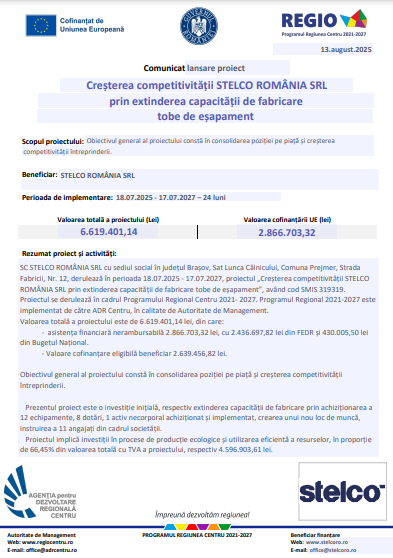 Comunicat lansare proiect: Creșterea competitivității STELCO ROMÂNIA SRL prin extinderea capacității de fabricare tobe de eșapament 11 | MyTex.ro
