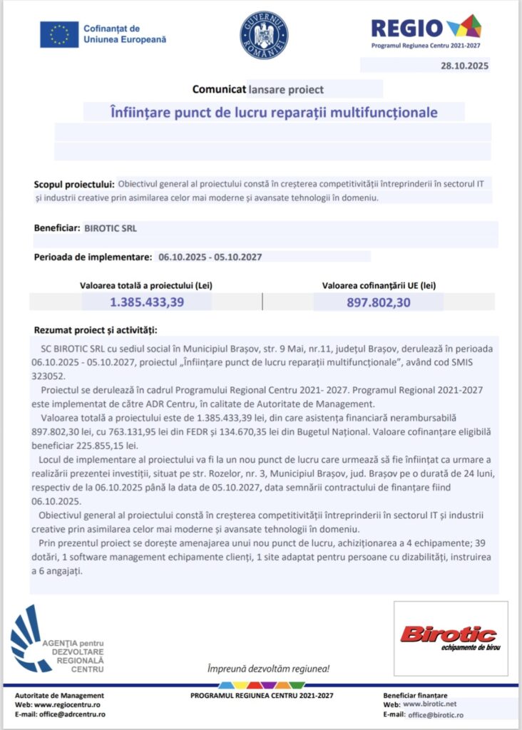 Comunicat lansare proiect - Înființare punct de lucru reparații multifuncționale 6 Comunicat | MyTex.ro