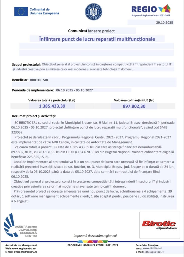 Comunicat lansare proiect – Înființare punct de lucru reparații multifuncționale 6 comunicat | MyTex.ro