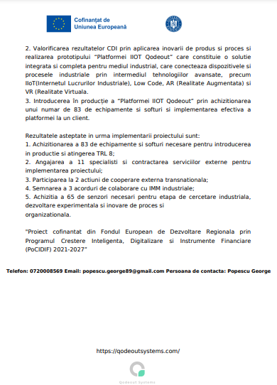 Comunicat de presă demarare proiect "Realizarea Platformei IIOT Qodeout prin dezvoltarea și sporirea capacităților de cercetare și inovare a societății Qodeout Systems" 10 | MyTex.ro
