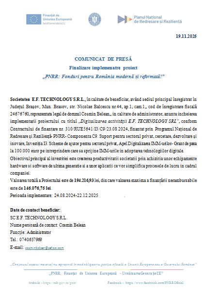 COMUNICAT DE PRESĂ - Finalizare implementare proiect - „PNRR: Fonduri pentru România modernă și reformată!” 9 | MyTex.ro