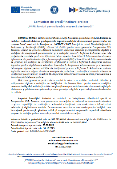 Comunicat de presă finalizare proiect - „PNRR: Fonduri pentru România modernă și reformată!” 12 | MyTex.ro