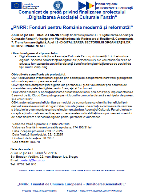 Comunicat de presă privind finalizarea proiectului „Digitalizarea Asociației Culturale Fanzin“ - „PNRR: Fonduri pentru România modernă și reformată!“ 9 | MyTex.ro