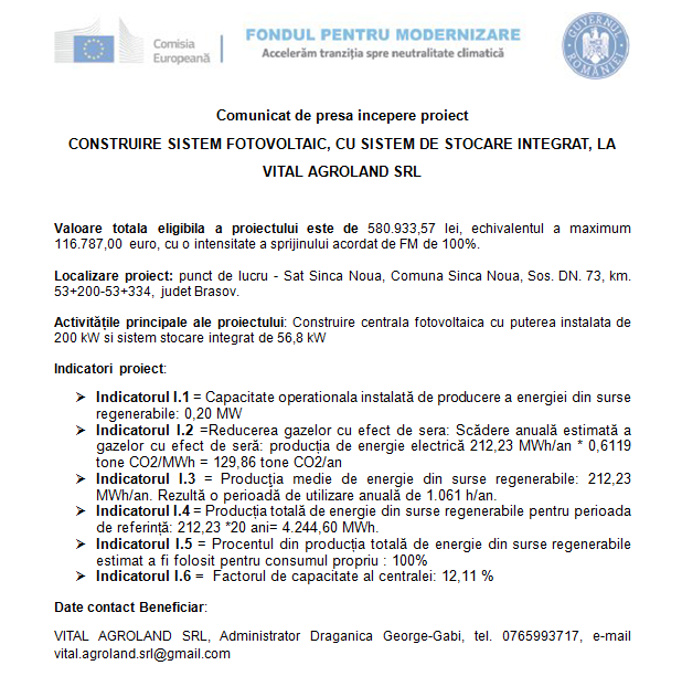 Comunicat de presa incepere proiect - CONSTRUIRE SISTEM FOTOVOLTAIC, CU SISTEM DE STOCARE INTEGRAT, LA VITAL AGROLAND SRL 9 | MyTex.ro