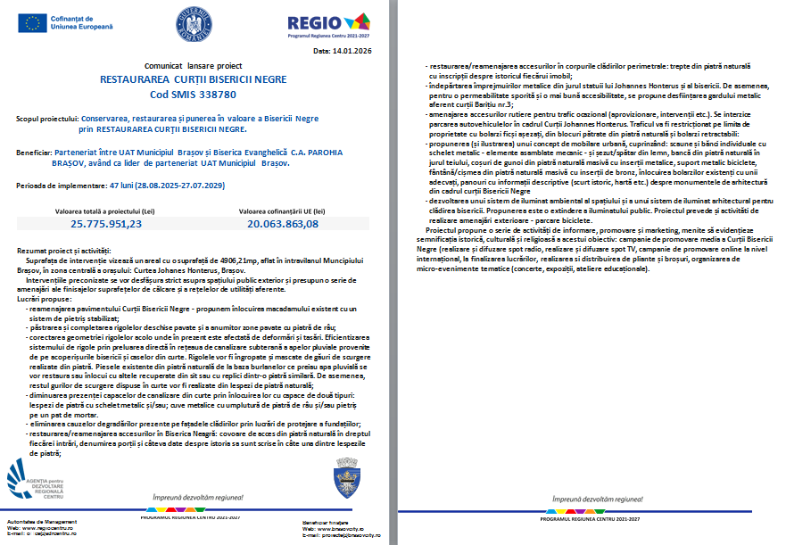 Comunicat lansare proiect - RESTAURAREA CURȚII BISERICII NEGRE Cod SMIS 338780 9 | MyTex.ro