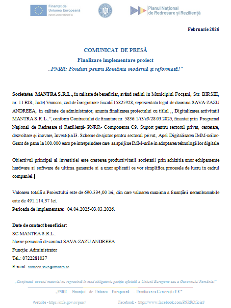 COMUNICAT DE PRESĂ - Finalizare implementare proiect „PNRR: Fonduri pentru România modernă și reformată!” 9 | MyTex.ro
