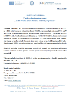 COMUNICAT DE PRESĂ - Finalizare implementare proiect „PNRR: Fonduri pentru România modernă și reformată!” 7 | MyTex.ro