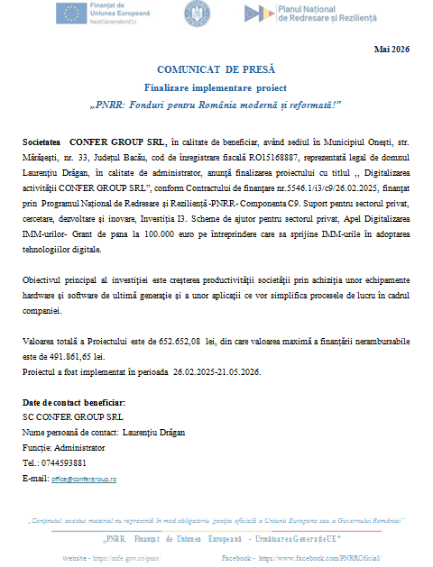 COMUNICAT DE PRESĂ - Finalizare implementare proiect „PNRR: Fonduri pentru România modernă și reformată!” 9 | MyTex.ro