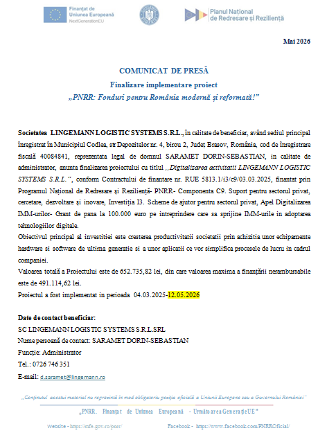COMUNICAT DE PRESĂ - Finalizare implementare proiect „PNRR: Fonduri pentru România modernă și reformată!” 9 | MyTex.ro