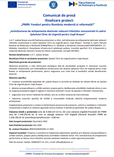 Comunicat de presă -finalizare proiect- „PNRR: Fonduri pentru România modernă și reformată!” / „Achiziționarea de echipamente destinate reducerii infecțiilor nosocomiale în cadrul Spitalului Clinic de Urgență pentru Copii Brașov” 9 | MyTex.ro