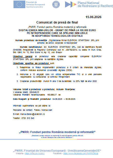 Comunicat de presă de final - PNRR: Fonduri pentru România modernă și reformată - DIGITALIZAREA IMM-URILOR - GRANT DE PÂNĂ LA 100.000 EURO PE ÎNTREPRINDERE CARE SĂ SPRIJINE IMM-URILE ÎN ADOPTAREA TEHNOLOGIILOR DIGITALE 9 | MyTex.ro