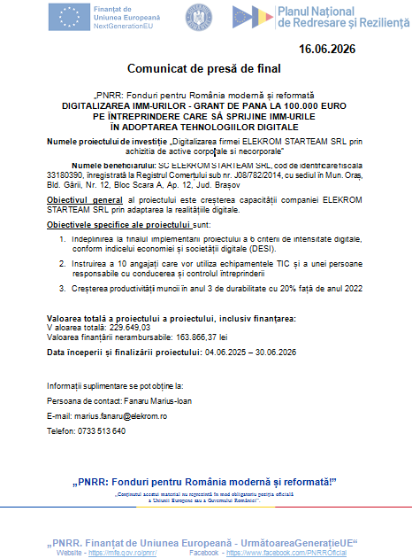 Comunicat de presă de final - „PNRR: Fonduri pentru România modernă și reformată - DIGITALIZAREA IMM-URILOR - GRANT DE PÂNĂ LA 100.000 EURO PE ÎNTREPRINDERE CARE SĂ SPRIJINE IMM-URILE ÎN ADOPTAREA TEHNOLOGIILOR DIGITALE 12 | MyTex.ro