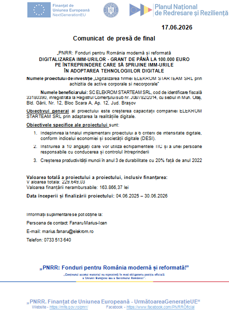 Comunicat de presă de final - PNRR: Fonduri pentru România modernă și reformată DIGITALIZAREA IMM-URILOR - GRANT DE PÂNĂ LA 100.000 EURO PE ÎNTREPRINDERE CARE SĂ SPRIJINE IMM-URILE ÎN ADOPTAREA TEHNOLOGIILOR DIGITALE 9 | MyTex.ro