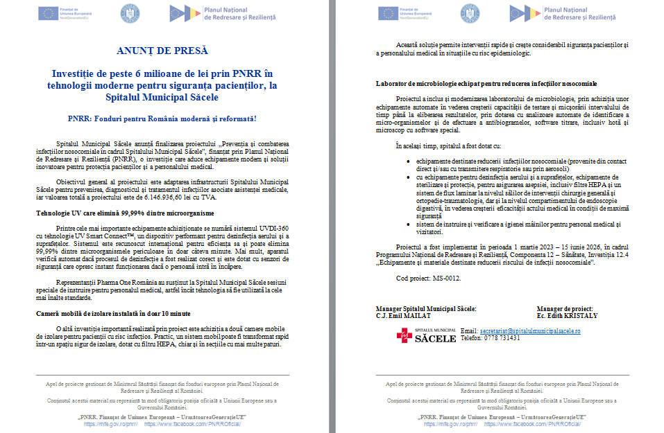 ANUNȚ DE PRESĂ - Investiție de peste 6 milioane de lei prin PNRR în tehnologii moderne pentru siguranța pacienților, la Spitalul Municipal Săcele / PNRR: Fonduri pentru România modernă și reformată! 9 | MyTex.ro