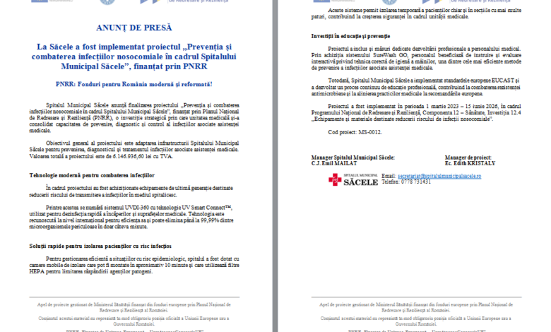 ANUNȚ DE PRESĂ - La Săcele a fost implementat proiectul „Prevenția și combaterea infecțiilor nosocomiale în cadrul Spitalului Municipal Săcele”, finanțat prin PNRR / PNRR: Fonduri pentru România modernă și reformată! 7 | MyTex.ro