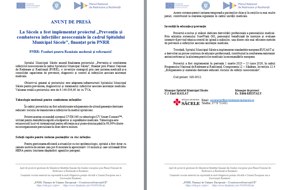 ANUNȚ DE PRESĂ - La Săcele a fost implementat proiectul „Prevenția și combaterea infecțiilor nosocomiale în cadrul Spitalului Municipal Săcele”, finanțat prin PNRR / PNRR: Fonduri pentru România modernă și reformată! 10 | MyTex.ro