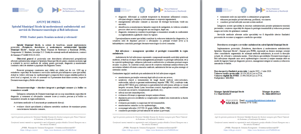 ANUNȚ DE PRESĂ - Spitalul Municipal Săcele își modernizează ambulatoriul: noi servicii de Dermatovenerologie și Boli infecțioase - PNRR: Fonduri pentru România modernă și reformată! 9 | MyTex.ro