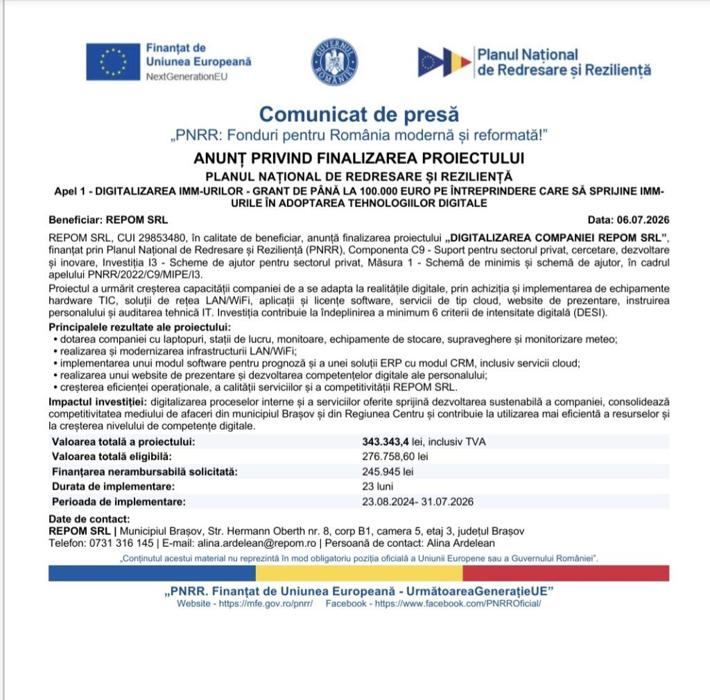 Comunicat de presă „PNRR: Fonduri pentru România modernă și reformată!” - ANUNȚ PRIVIND FINALIZAREA PROIECTULUI - PLANUL NAȚIONAL DE REDRESARE ȘI REZILIENȚĂ 10 Comunicat | MyTex.ro
