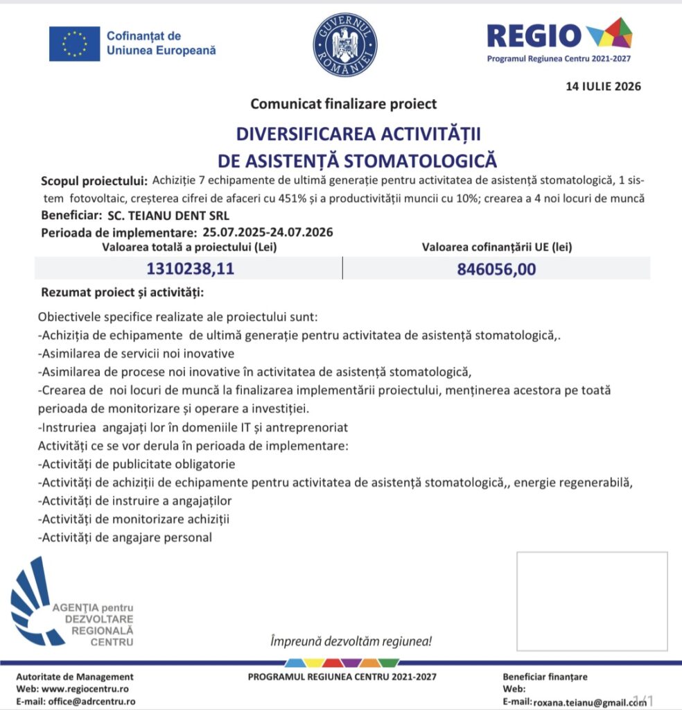 Comunicat finalizare proiect – Diversificarea activității de asistență stomatologică 4 Comunicat | MyTex.ro