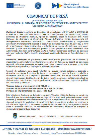 Comunicat de presă privind finalizarea proiectului ÎNFIINŢAREA ŞI DOTAREA DE CENTRE DE COLECTARE PRIN APORT COLECTIV 10 | MyTex.ro