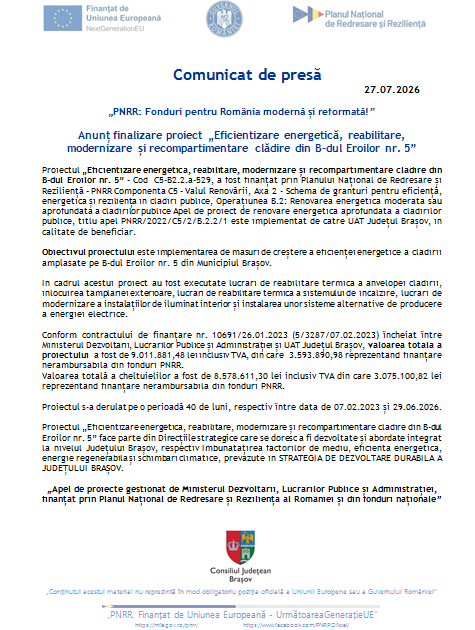 Comunicat de presă - „PNRR: Fonduri pentru România modernă și reformată!”. Anunț finalizare proiect „Eficientizare energetică, reabilitare, modernizare și recompartimentare clădire din B-dul Eroilor nr. 5” 12 | MyTex.ro
