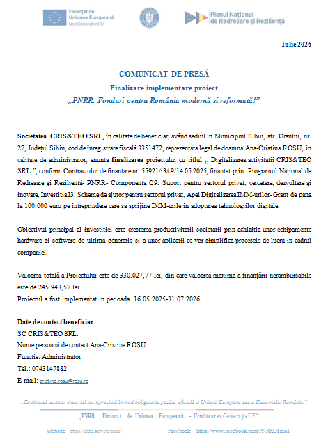 COMUNICAT DE PRESĂ - Finalizare implementare proiect „PNRR: Fonduri pentru România modernă și reformată!” 9 | MyTex.ro