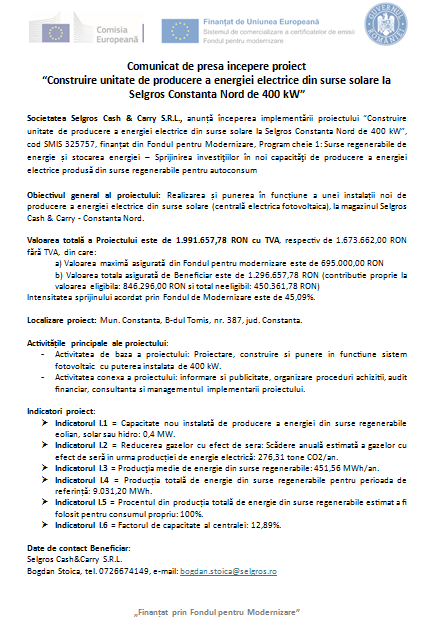 Comunicat de presă începere proiect: “Construire unitate de producere a energiei electrice din surse solare la Selgros Constanţa Nord de 400 kW” 9 | MyTex.ro