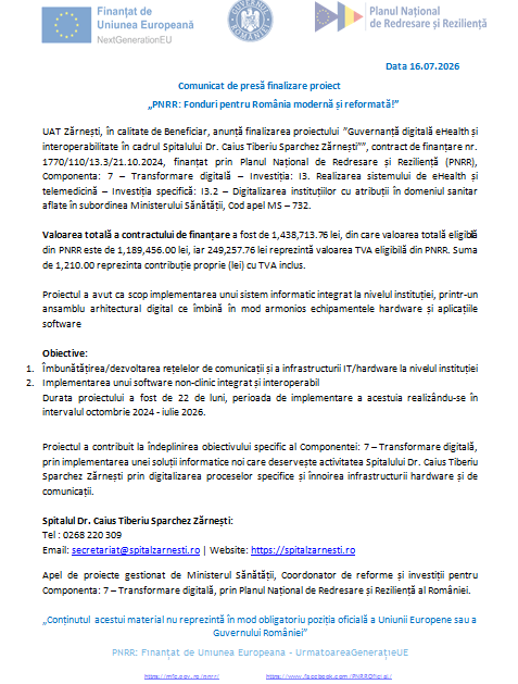 Comunicat de presă finalizare proiect - „PNRR: Fonduri pentru România modernă și reformată!” 12 | MyTex.ro
