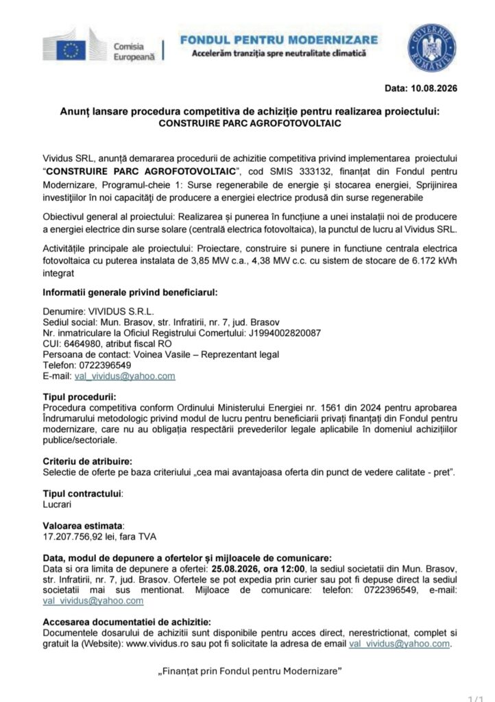Anunț lansare procedura competitiva de achiziție pentru realizarea proiectului: CONSTRUIRE PARC AGROFOTOVOLTAIC 3 Anunț | MyTex.ro