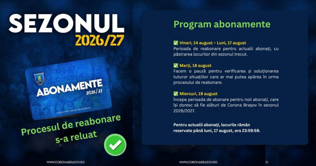 Corona Brașov, o nouă încercare. Procesul de vânzare a abonamentelor pentru sezonul 2026-2027 a fost reluat 7 Corona Brașov | MyTex.ro