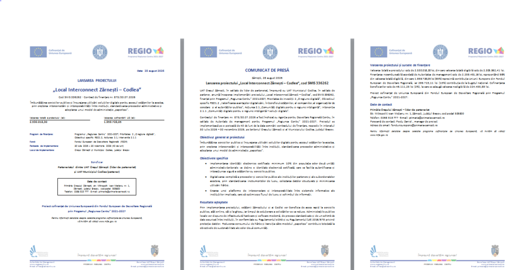 LANSAREA PROIECTULUI „Local Interconnect Zărnești – Codlea” / Cod SMIS 336262 · Contract de finanțare nr. 875/30.07.2026 9 | MyTex.ro