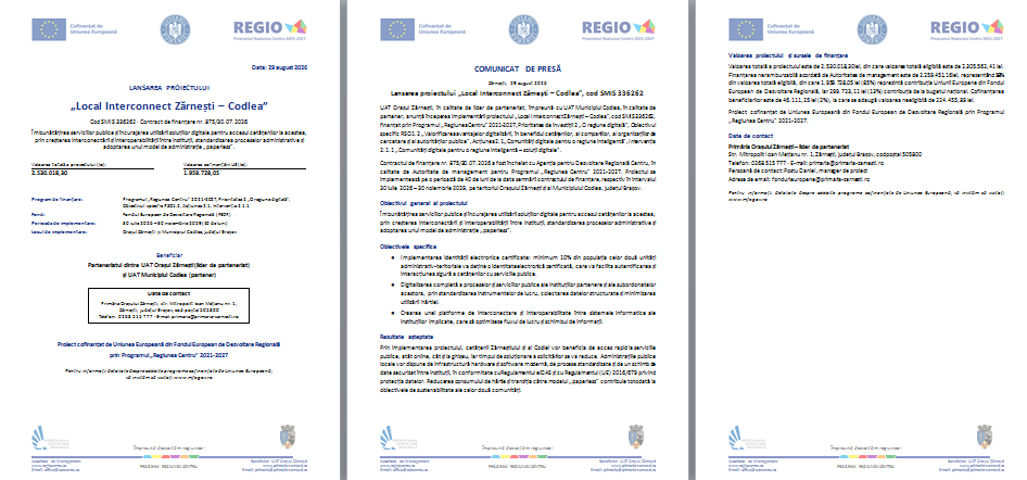 LANSAREA PROIECTULUI „Local Interconnect Zărnești – Codlea” / Cod SMIS 336262 · Contract de finanțare nr. 875/30.07.2026 9 | MyTex.ro