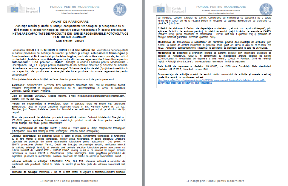 ANUNȚ DE PARTICIPARE - Achiziție lucrări și dotări și utilaje, echipamente tehnologice și funcționale cu și fără montaj și probe tehnologice, inclusiv active necorporale în cadrul proiectului INSTALARE CAPACITATE DE PRODUCȚIE DIN SURSE REGENERABILE FOTOVOLTAICE PENTRU AUTOCONSUM - Cod proiect - 354671 9 | MyTex.ro