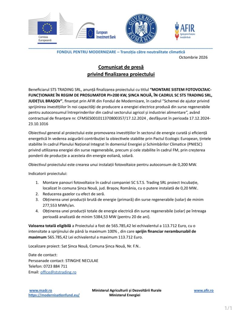 Comunicat de presă privind finalizarea proiectului 7 Comunicat | MyTex.ro