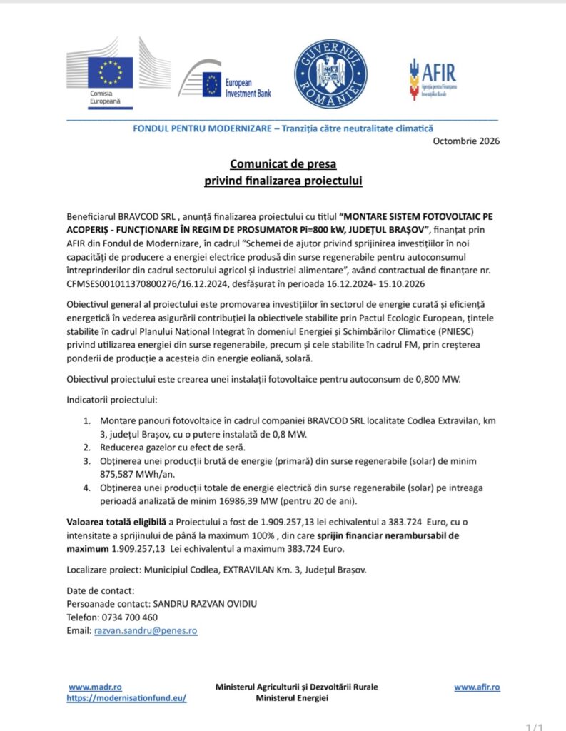 Comunicat de presă privind finalizarea proiectului 7 Comunicat | MyTex.ro